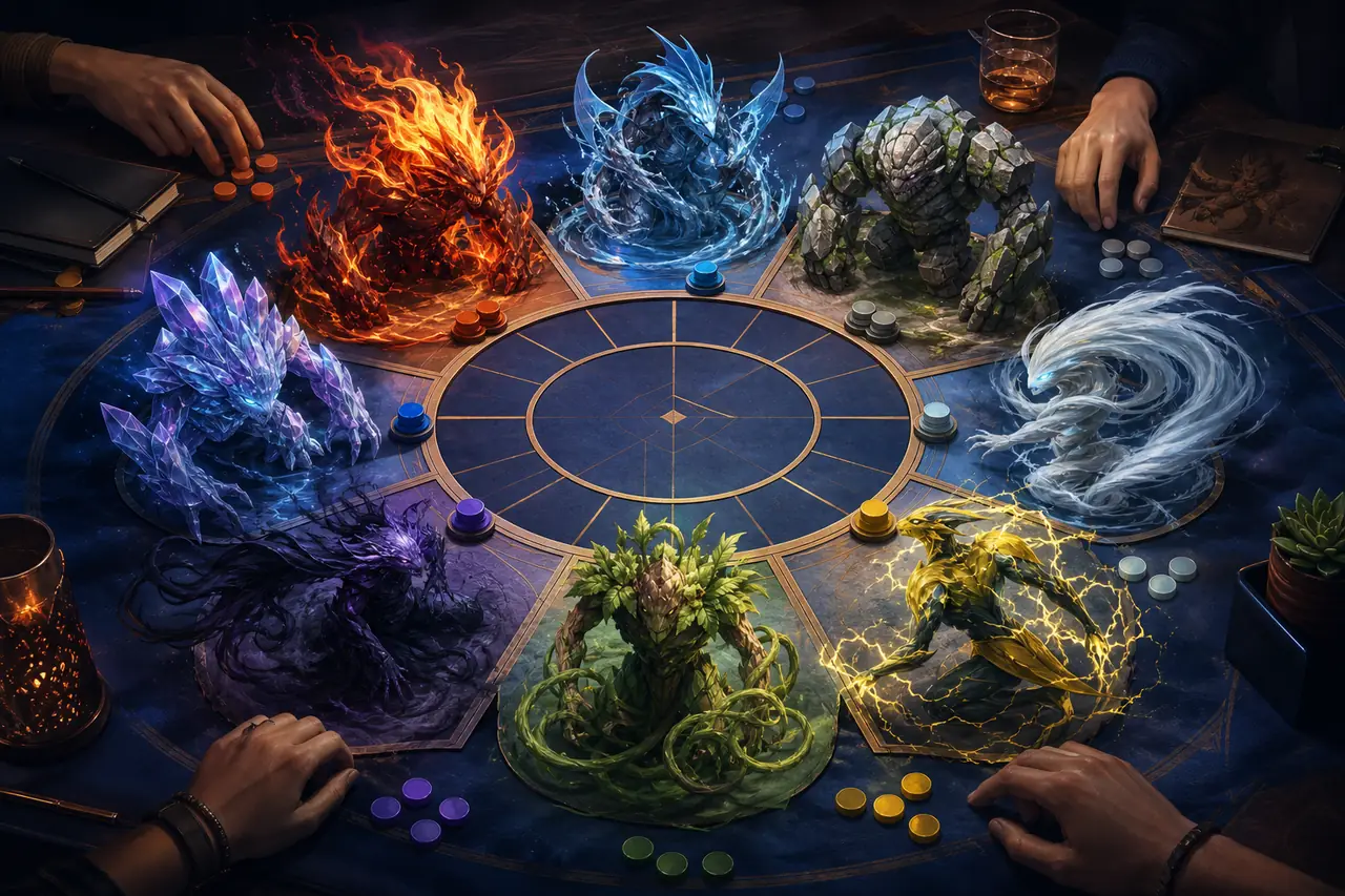 Editorial illustration of an original creature draft league board