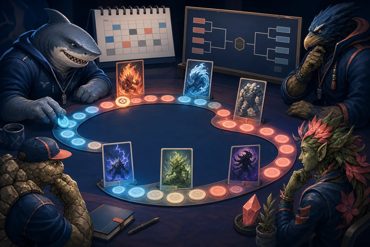 Editorial illustration of a snake draft and weekly matchup workflow