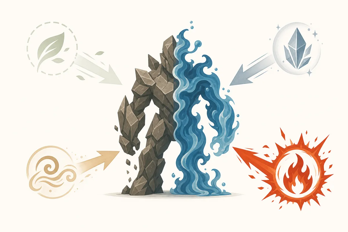 Editorial illustration of a generic dual-element creature receiving different elemental attacks