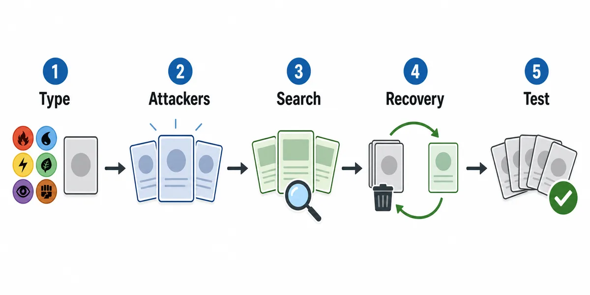 Five step flow for building a Pokemon Gym Leader Challenge deck