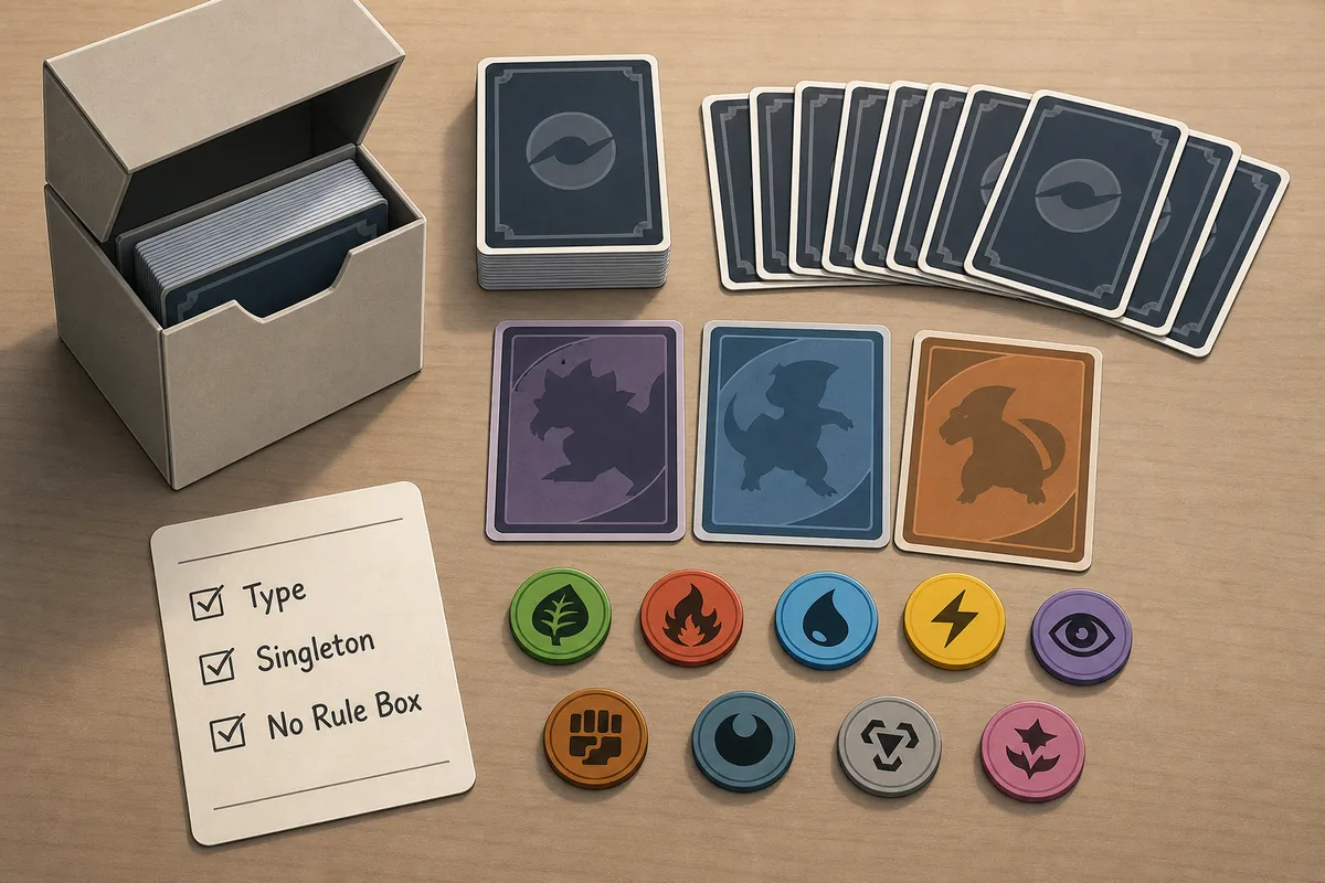 Editorial tabletop plan for Pokemon Gym Challenge rules with one type, singleton cards, and deck box
