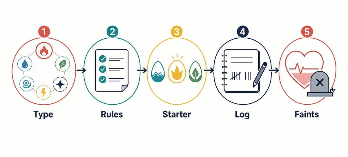 Five step flow for Pokemon monotype challenge rules from type choice to fainting policy
