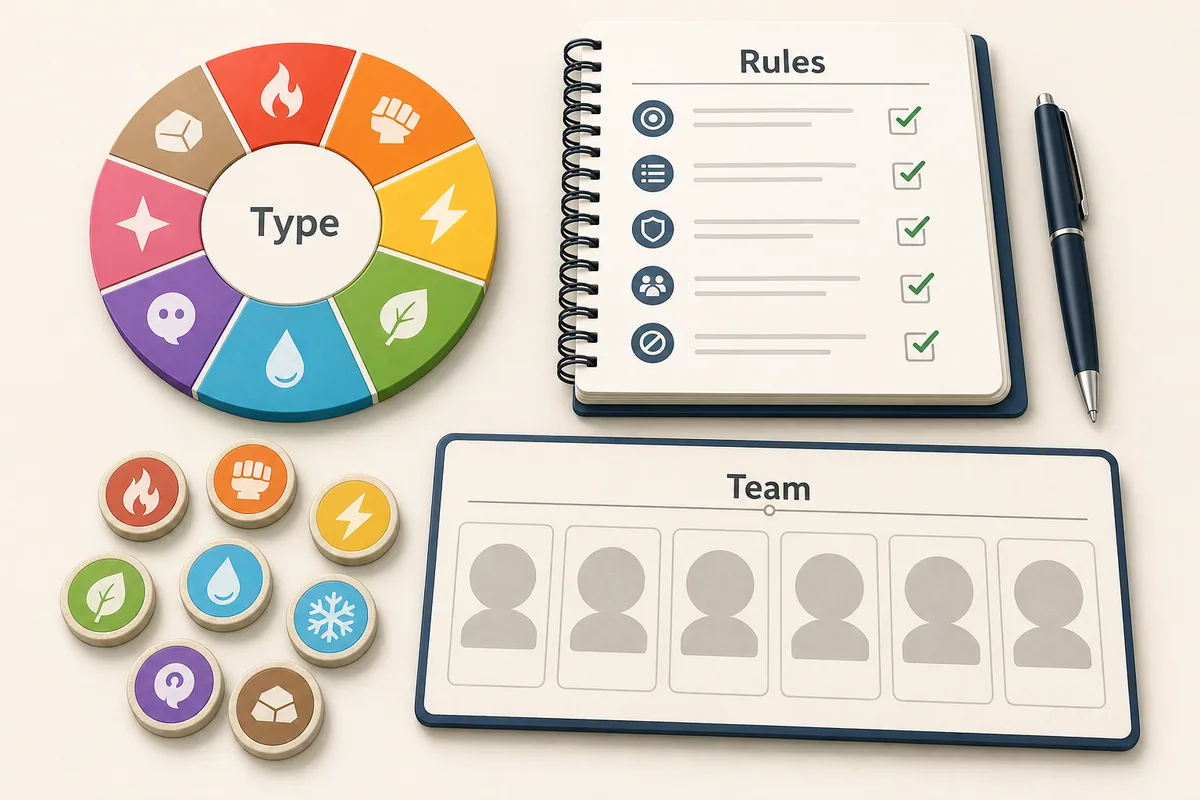 Editorial monotype challenge planning board with type wheel, rules checklist, and team slots