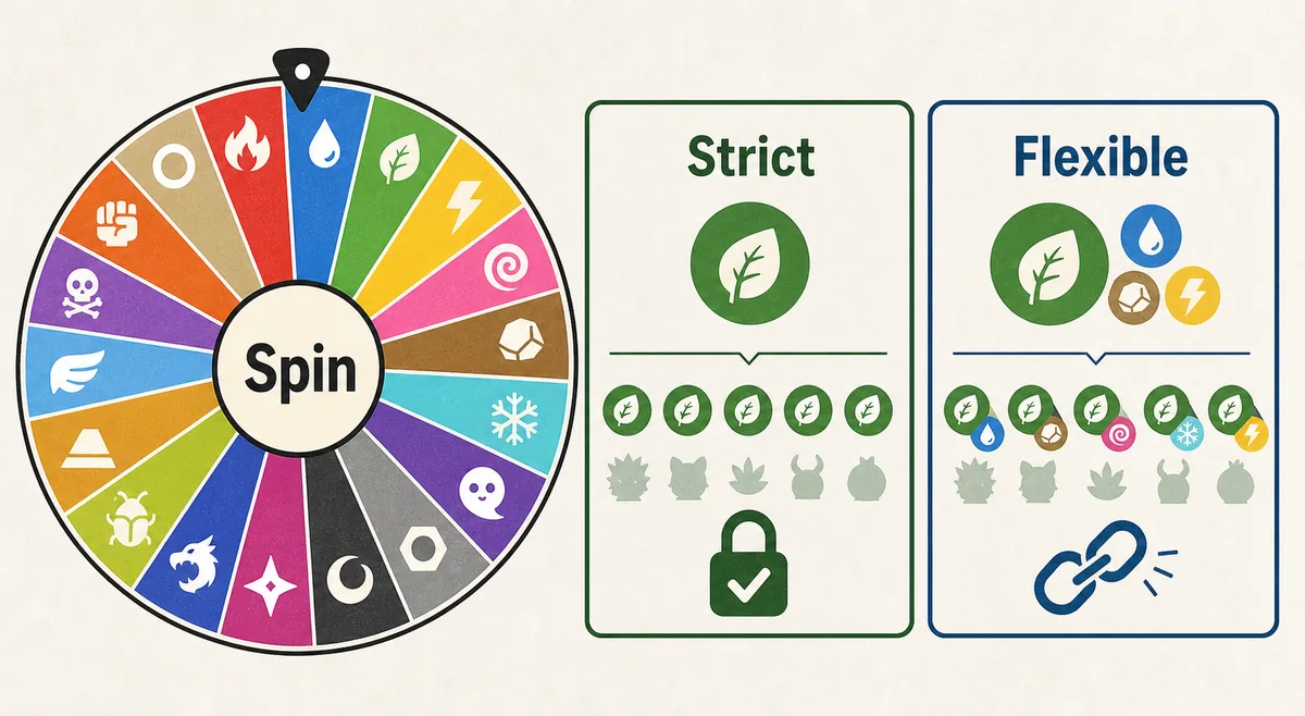 Strict versus flexible monotype challenge prompt with a Pokemon type wheel