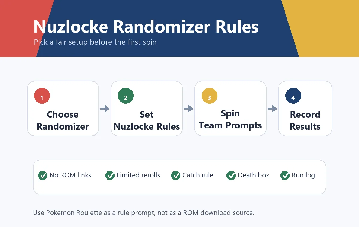 Nuzlocke randomizer rules flow with randomizer setup, fixed rules, roulette prompts, and run log