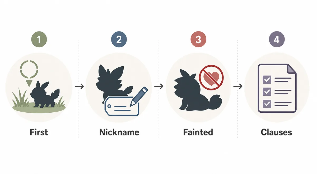 Editorial timeline showing first encounter, nickname, fainted Pokemon, and written clauses