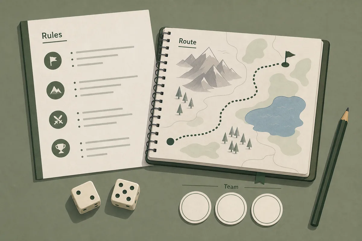 Editorial illustration of a Nuzlocke rule sheet, route notebook, dice, and challenge tokens