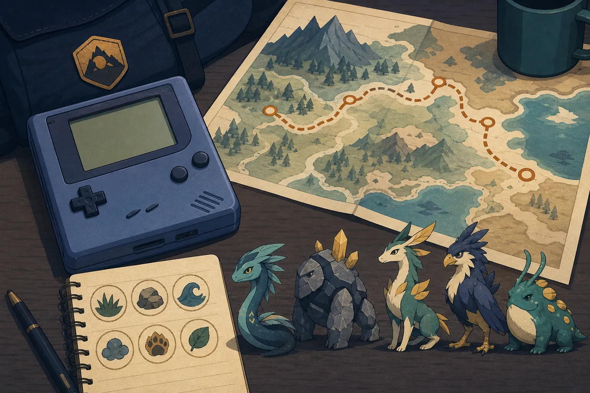 Editorial illustration of a Pokémon ROM hack Nuzlocke decision board with a route map, encounter notes, and challenge markers