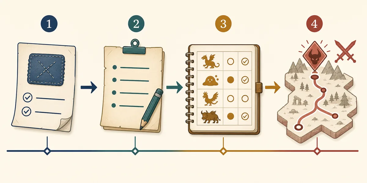 Editorial setup illustration showing a patch note, version record, route log, and first Nuzlocke encounter