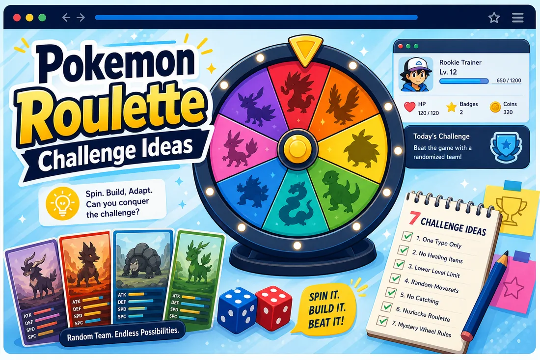 Pokemon roulette challenge ideas shown as a colorful wheel with rule cards