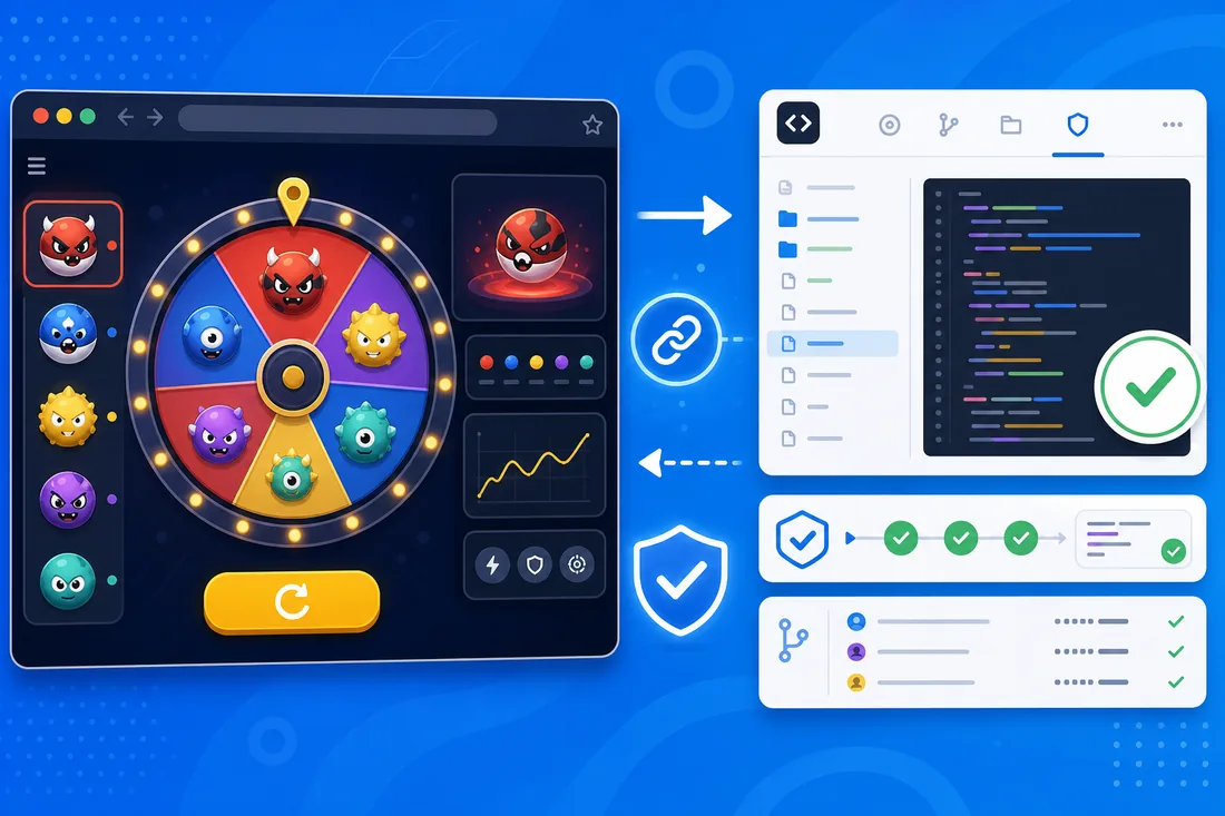 Pokemon Roulette browser game connected to a GitHub source repository verification panel