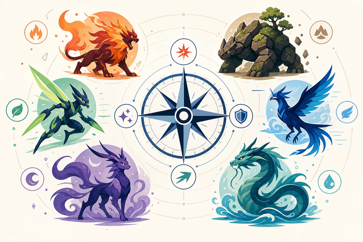 Editorial illustration of six different Pokémon-style creatures arranged around a team-planning compass