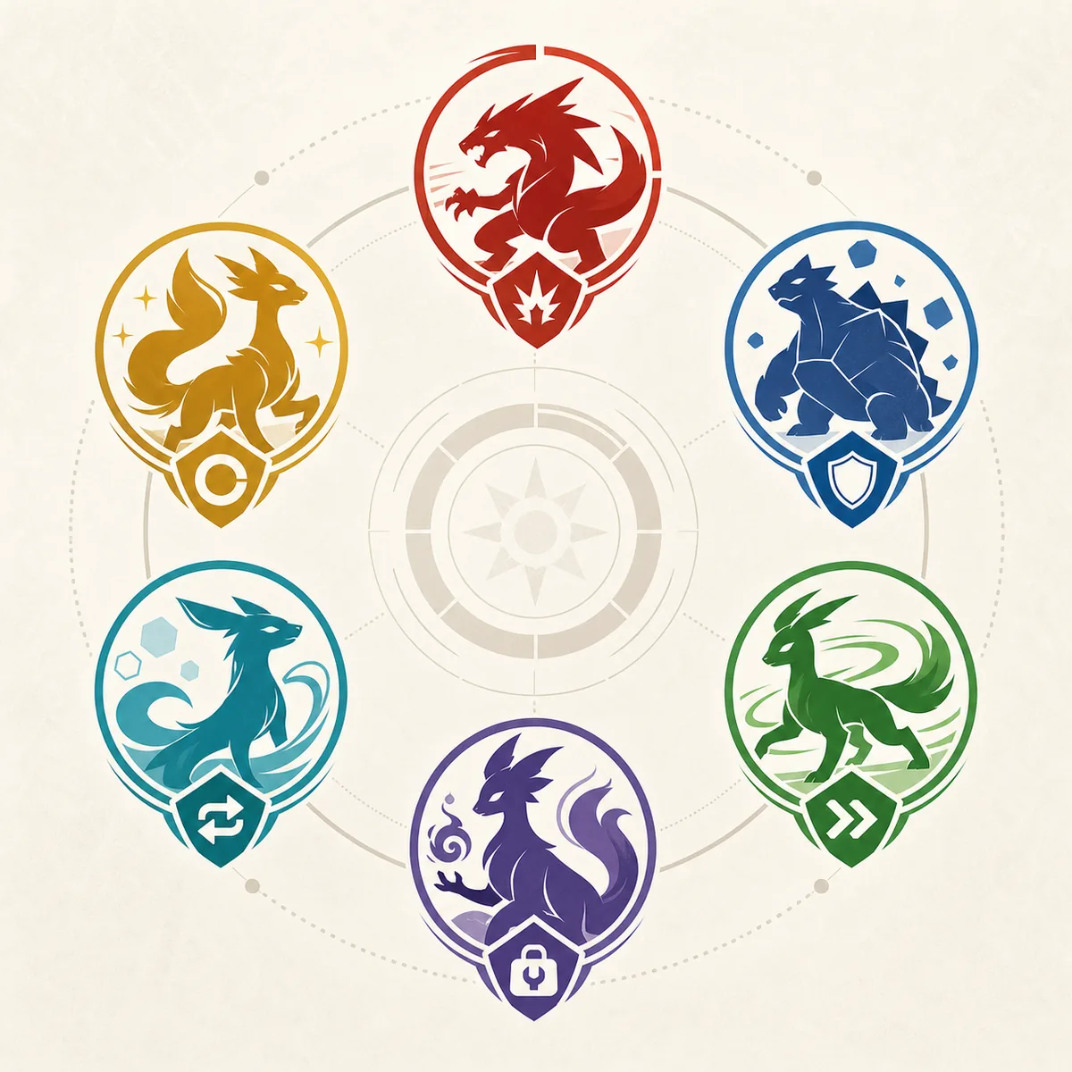Editorial role matrix showing different Pokémon team jobs around a central compass