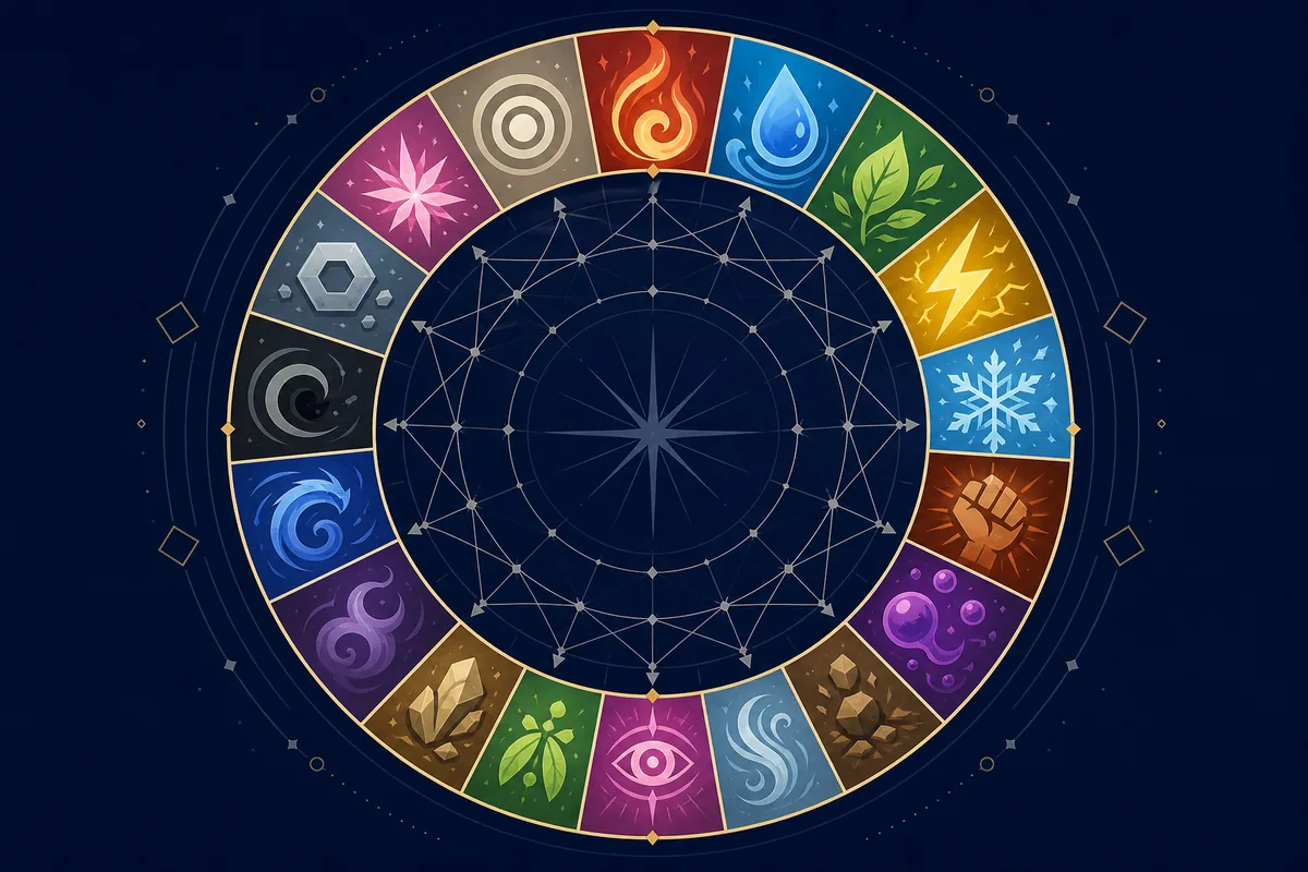 Editorial wheel of elemental symbols representing the 18 Pokemon types