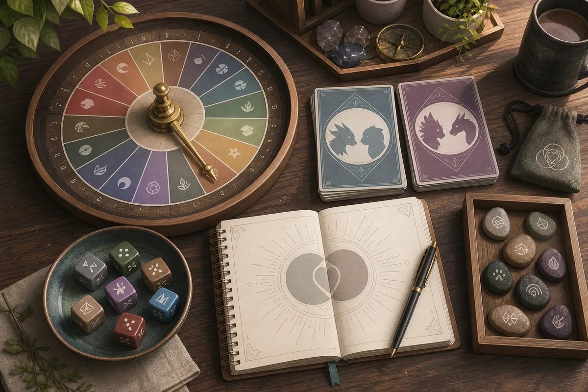 Concept visual of a roulette wheel, linked prompt cards, dice, and a shared route notebook