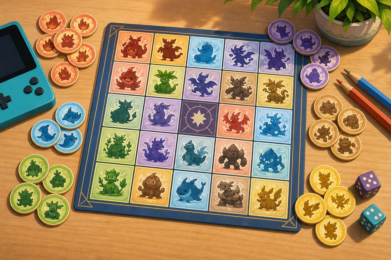 Original non-official editorial illustration of a monster-collecting bingo setup.
